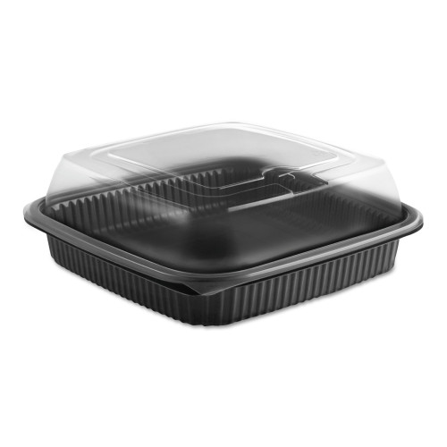 Anchor Packaging Culinary Squares 2-Piece Microwavable Container， 36 oz， 8.46 x 8.46 x 2.91， Clear/Black， Plastic， 150/Carton (4118515)