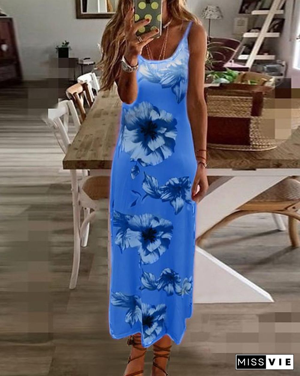 Women's Swing Dress Maxi long Dress Sleeveless Floral Print Summer Plus Size Hot Casual Beach vacation dresses Blue Purple Blushing Pink Fuchsia Green Gray S M L XL XXL 3XL 4XL 5XL