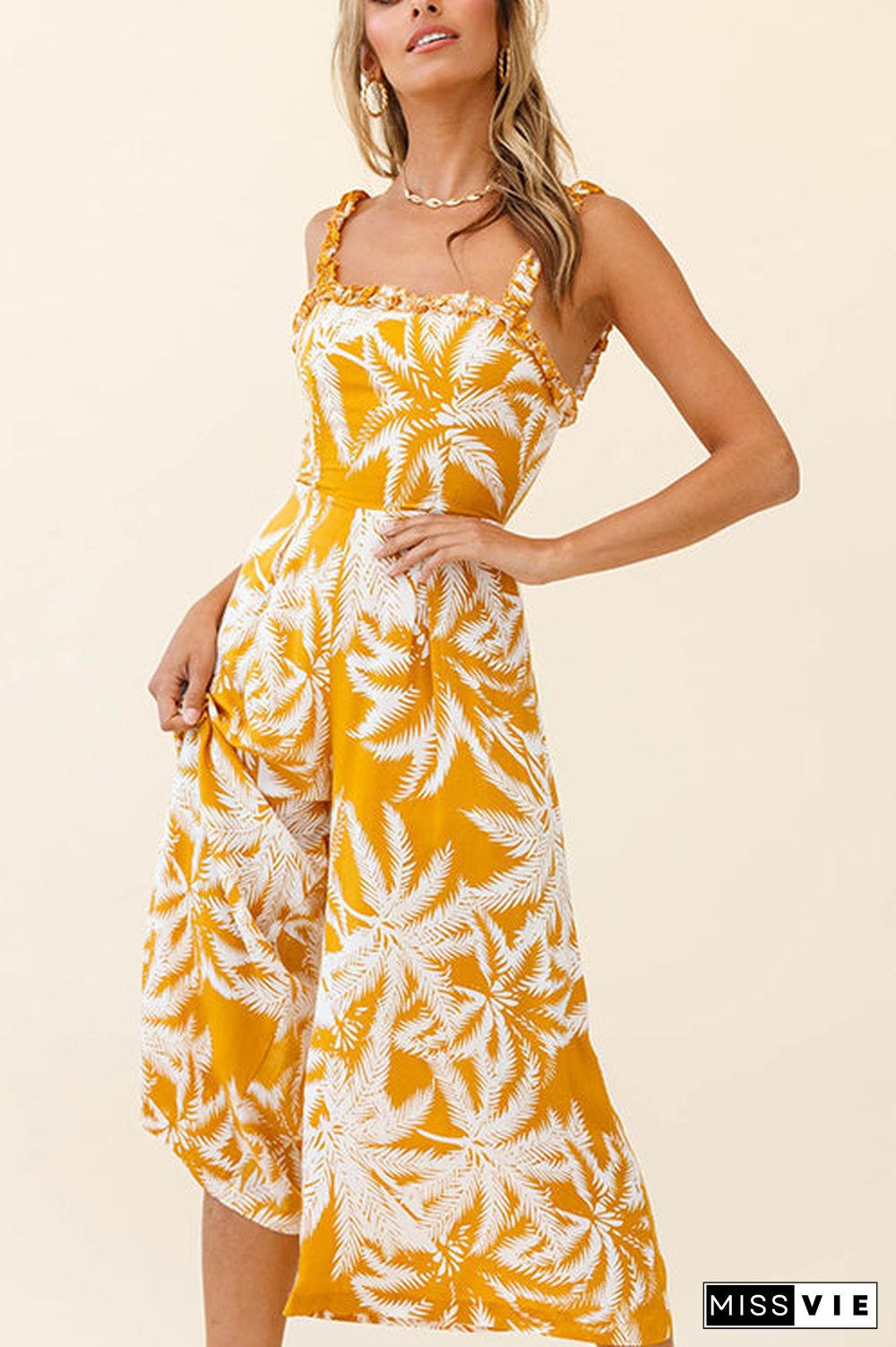 Palm Print Slip Wide Leg Jumpsuits