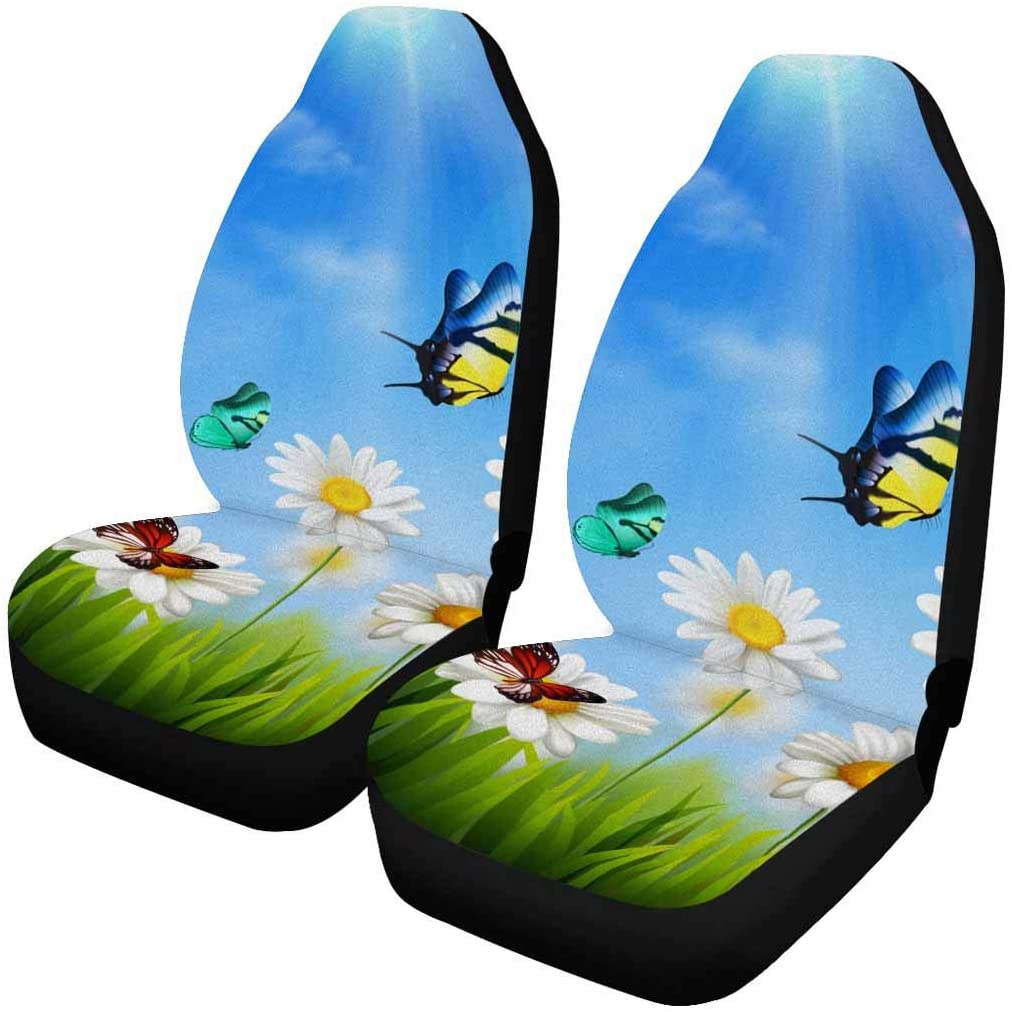 ZHANZZK Set of 2 Car Seat Covers Butterflies Grass Camomile Flowers Universal Auto Front Seats Protector Fits for Car，SUV Sedan，Truck