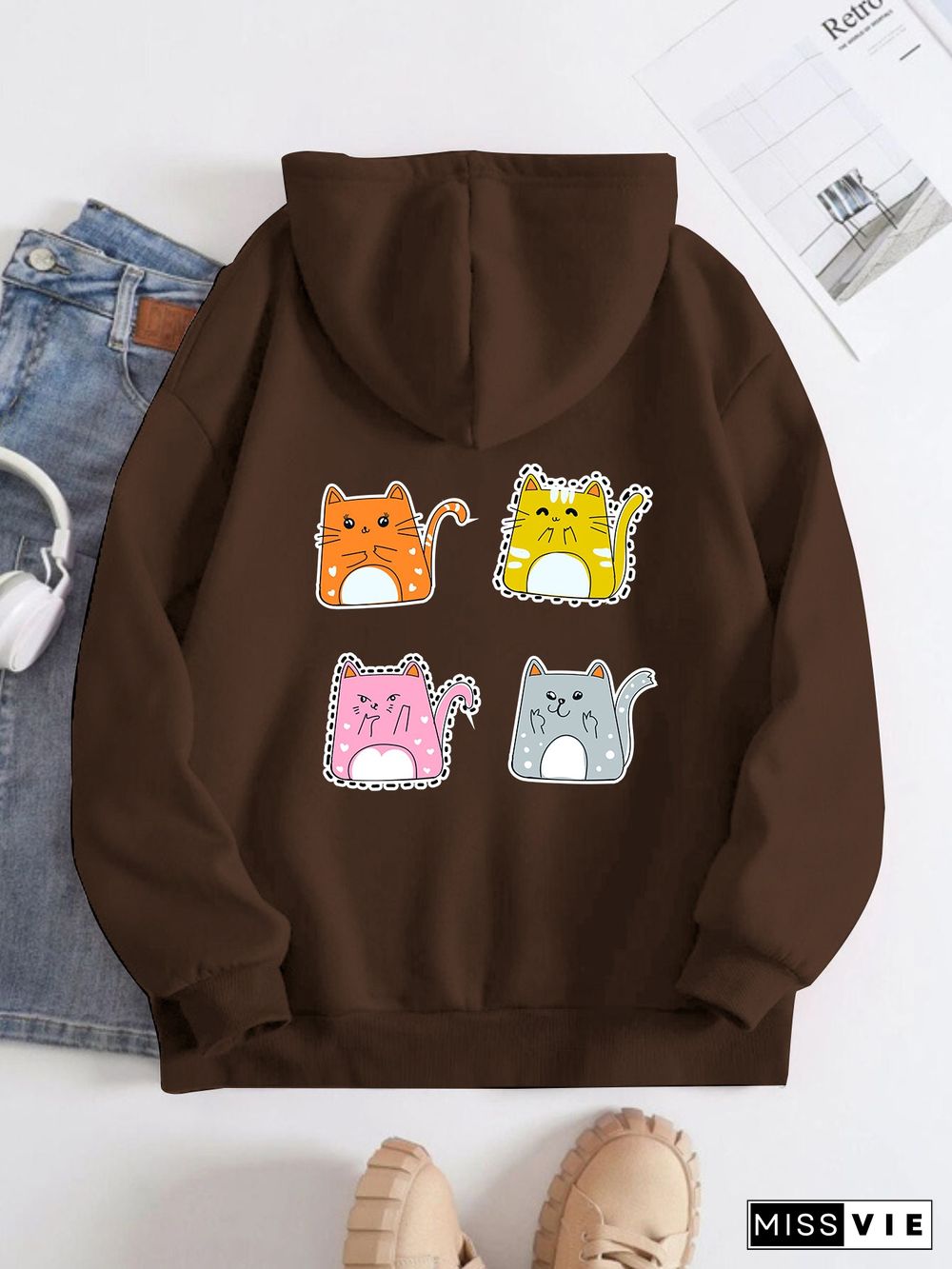 Printed on the Back Kangaroo Pocket Hoodie Long Sleeve for Women Pattern  Cartoon Cats