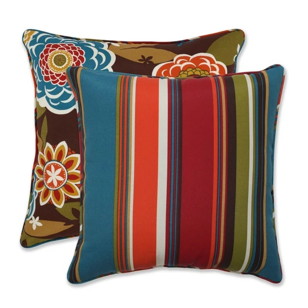 Outdoor 2 piece Reversible Square Toss Pillow Set Brown turquoise Floral stripe