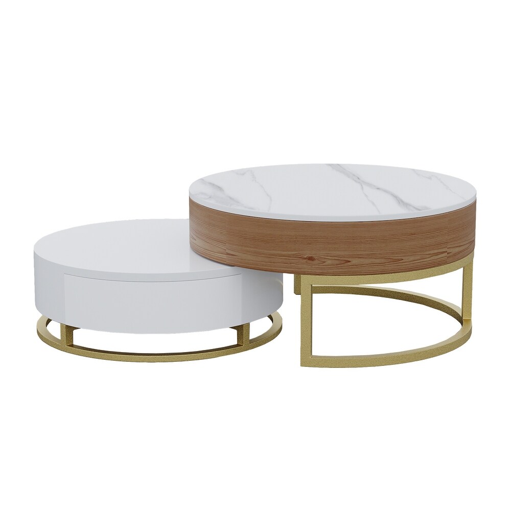 Round Coffee Table White with Storage Lift Top Wood Coffee Table Lifts up with Rotatable Drawers White Natural