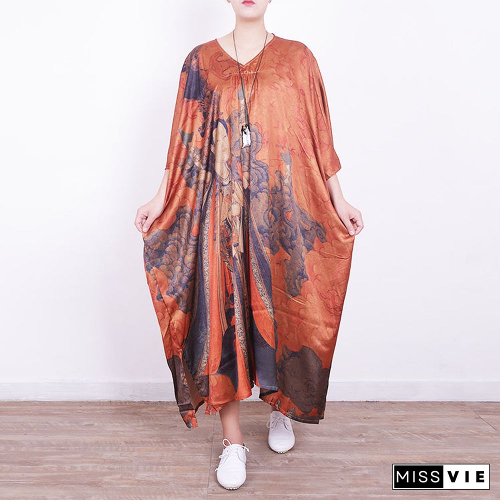 fine orange Midi-length silk dress plus size casual dressv neck prints silk dresses