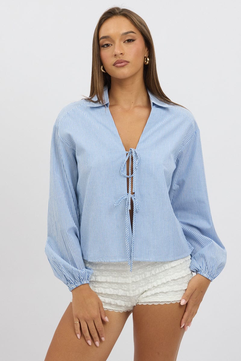 Blue Stripe Tie  Up Front Top Long Sleeve