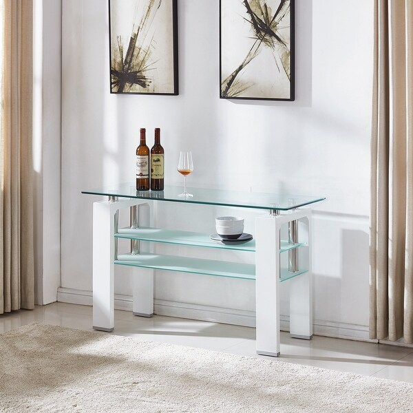 Tempered Glass Top Rectangular Double-Layer Console Table with MDF Legs， For Living Room， Foyer Console Table