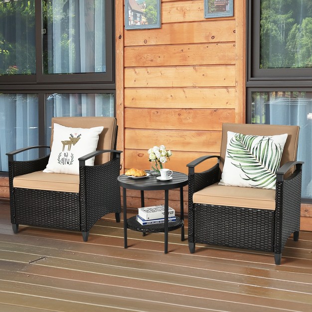 Tangkula 3 piece Rattan Sofa Chair Patio Conversation Set With Coffee Table amp Cushions