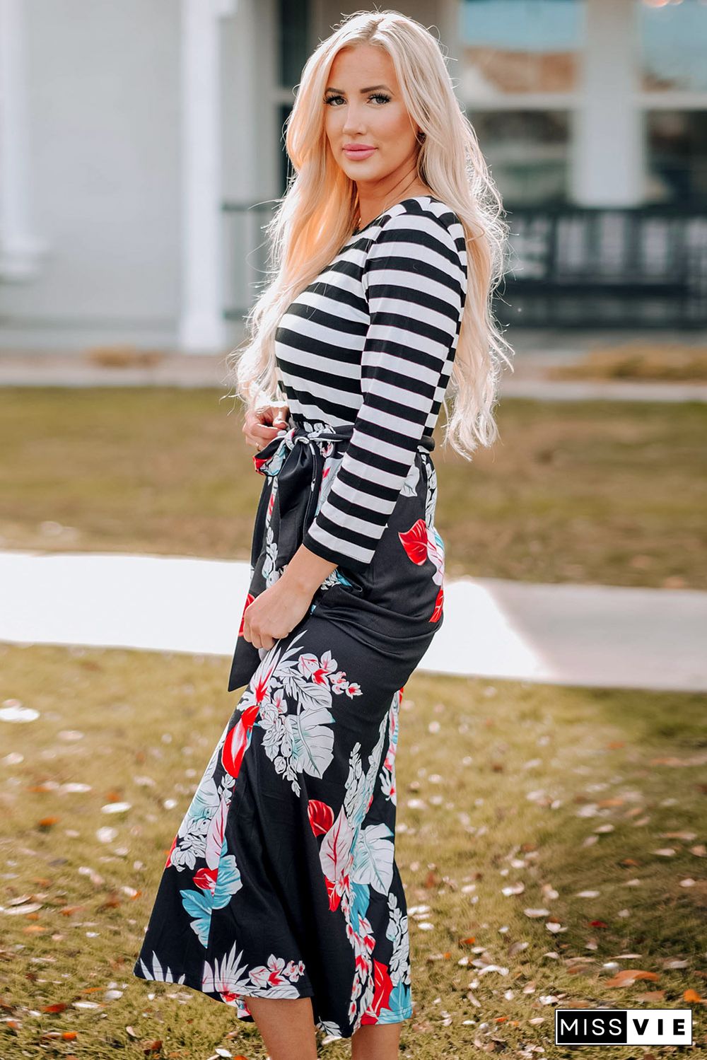 Striped Floral O-Neck Long Dress