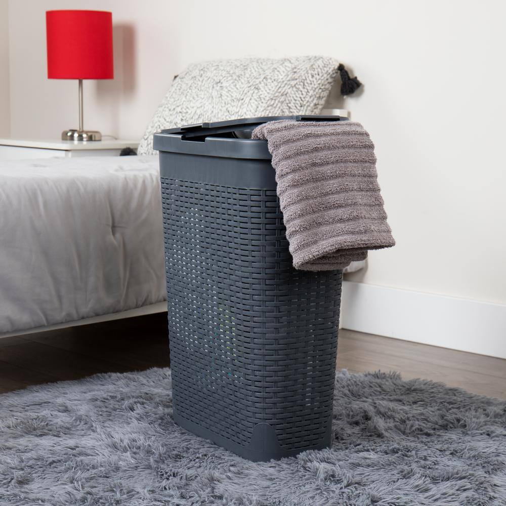 Mind Reader Basket Collection Slim Laundry Hamper 40 Liter (15kg33lbs) Capacity Cut Out Handles Attached Hinged Lid Gray 40HAMP-GRY