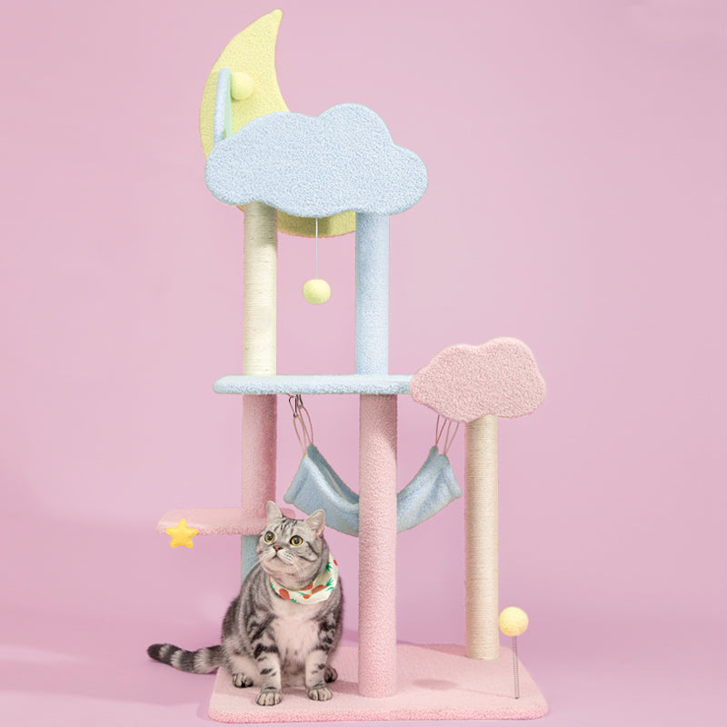 Happy and Polly 55” Multilevel Cat Tree with Hammock and Scratching Post Tower， Starry Sky Cat Tree for All Breed Cats， Blue Pink