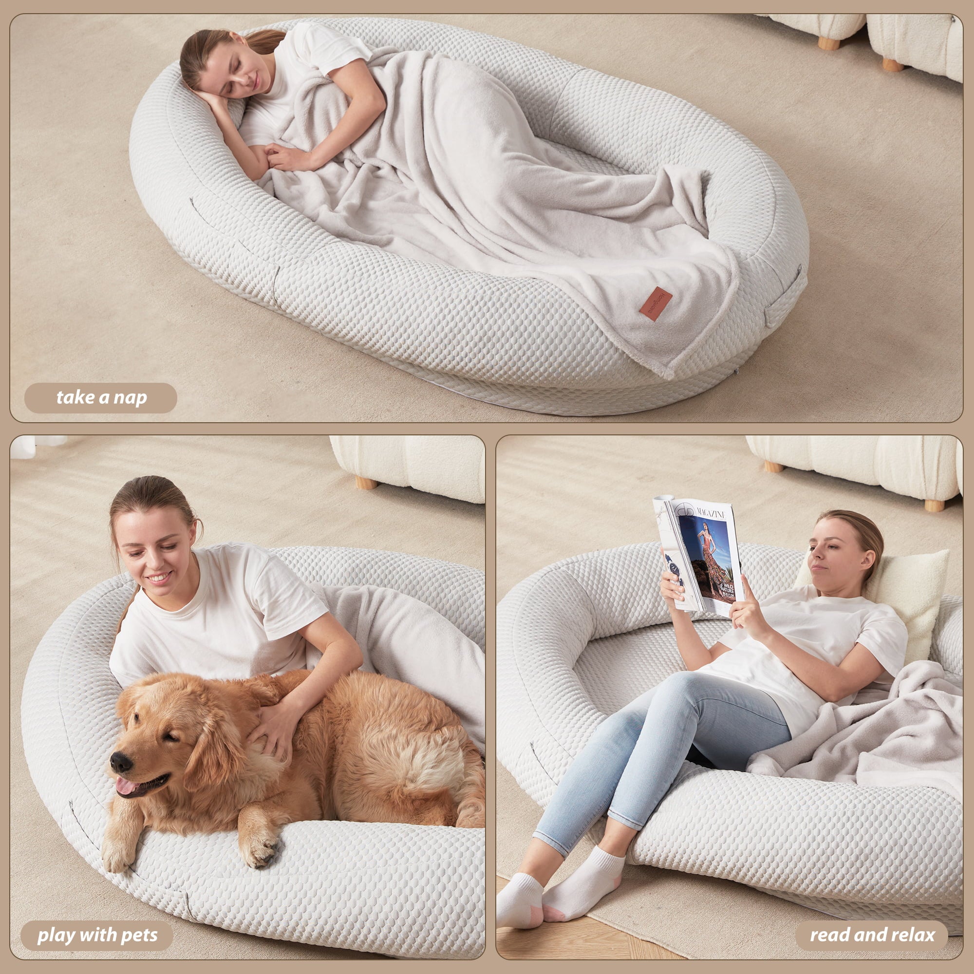 Bean Bag Chair Cooling Beanbag Bed for Humans Cool Ice Silk Bean Bag Chair Bed Human-Sized Large BeanBag Ice Bed with for Adults，Pets，with Blanket， 72