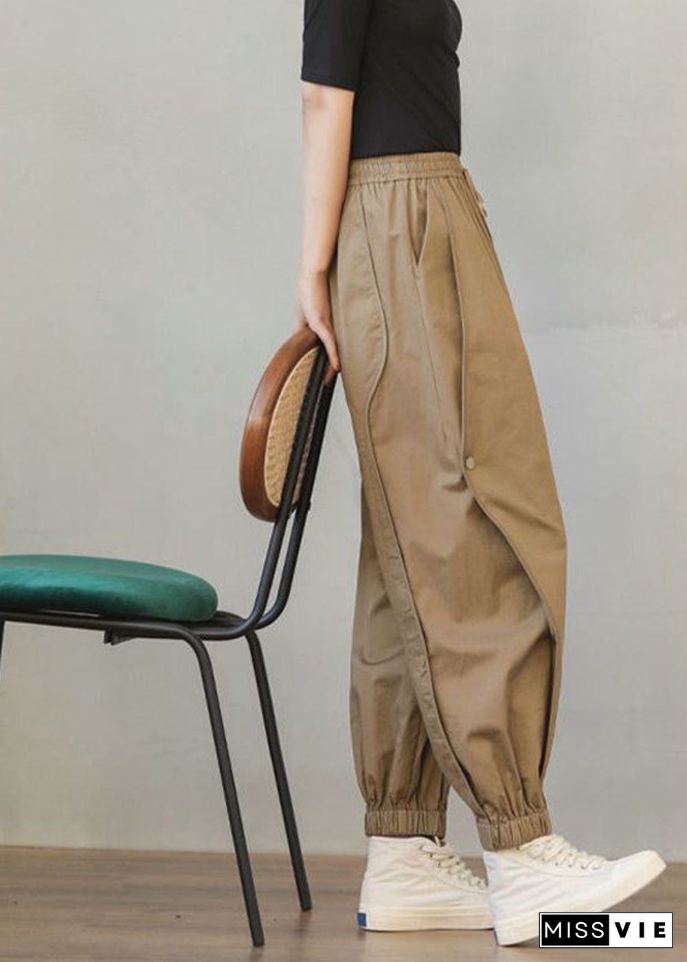 Stylish Khaki Oversized Patchwork Cotton Harem Pants Spring