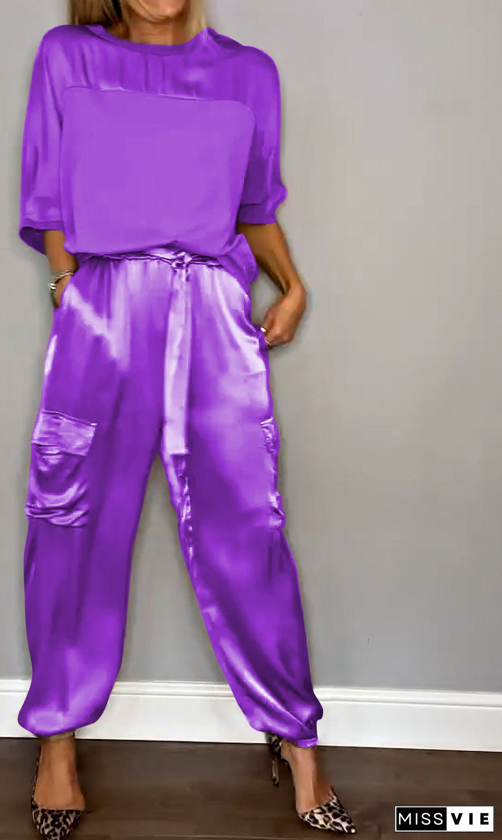 Women's Smooth Satin Half-sleeved Top and Pant Suit Two-piece