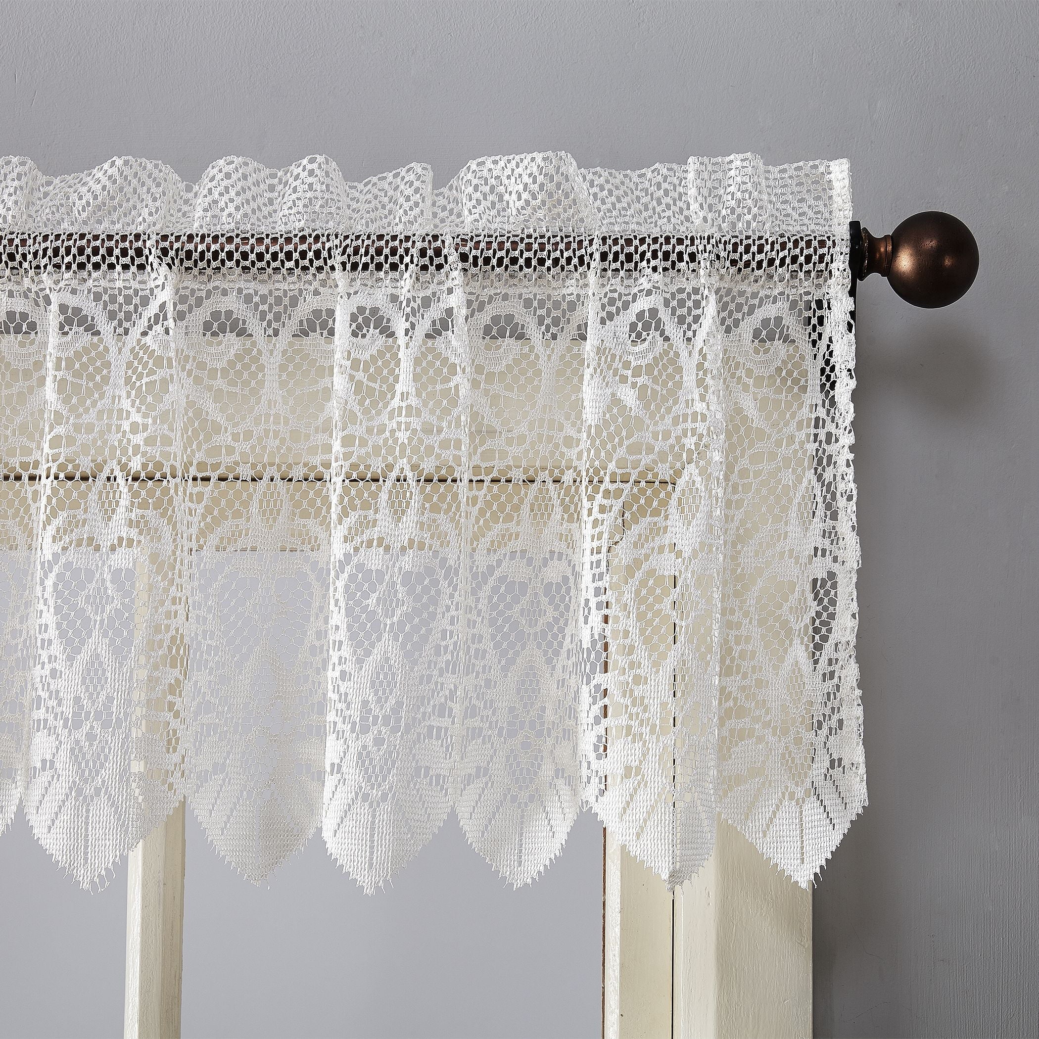 No. 918 Joy Macrame Lace Trim Semi-Sheer Rod Pocket Kitchen Curtains, 60x15