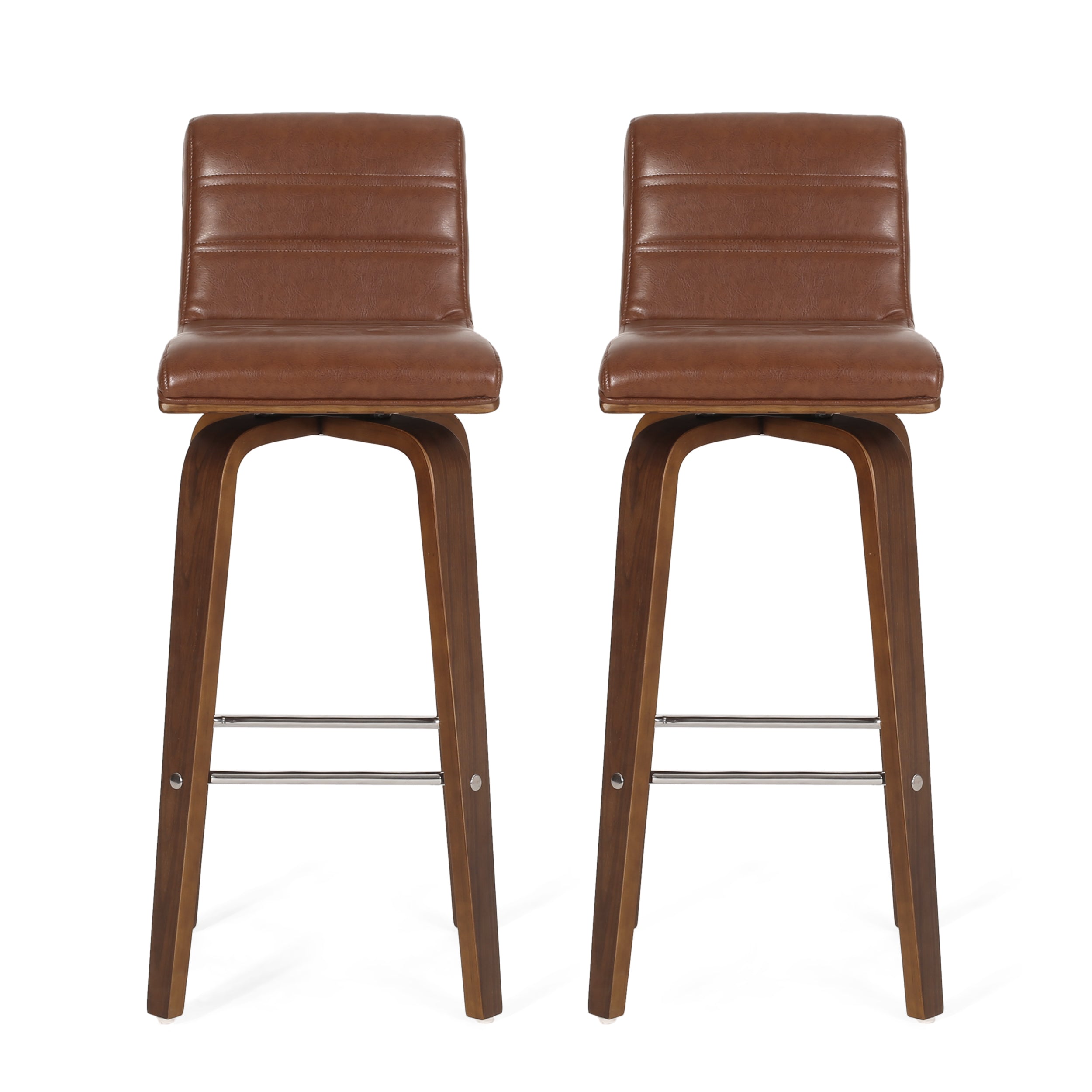 Mendon Mid Century Modern Channel Stitch Bentwood Swivel Barstools, Set of 2