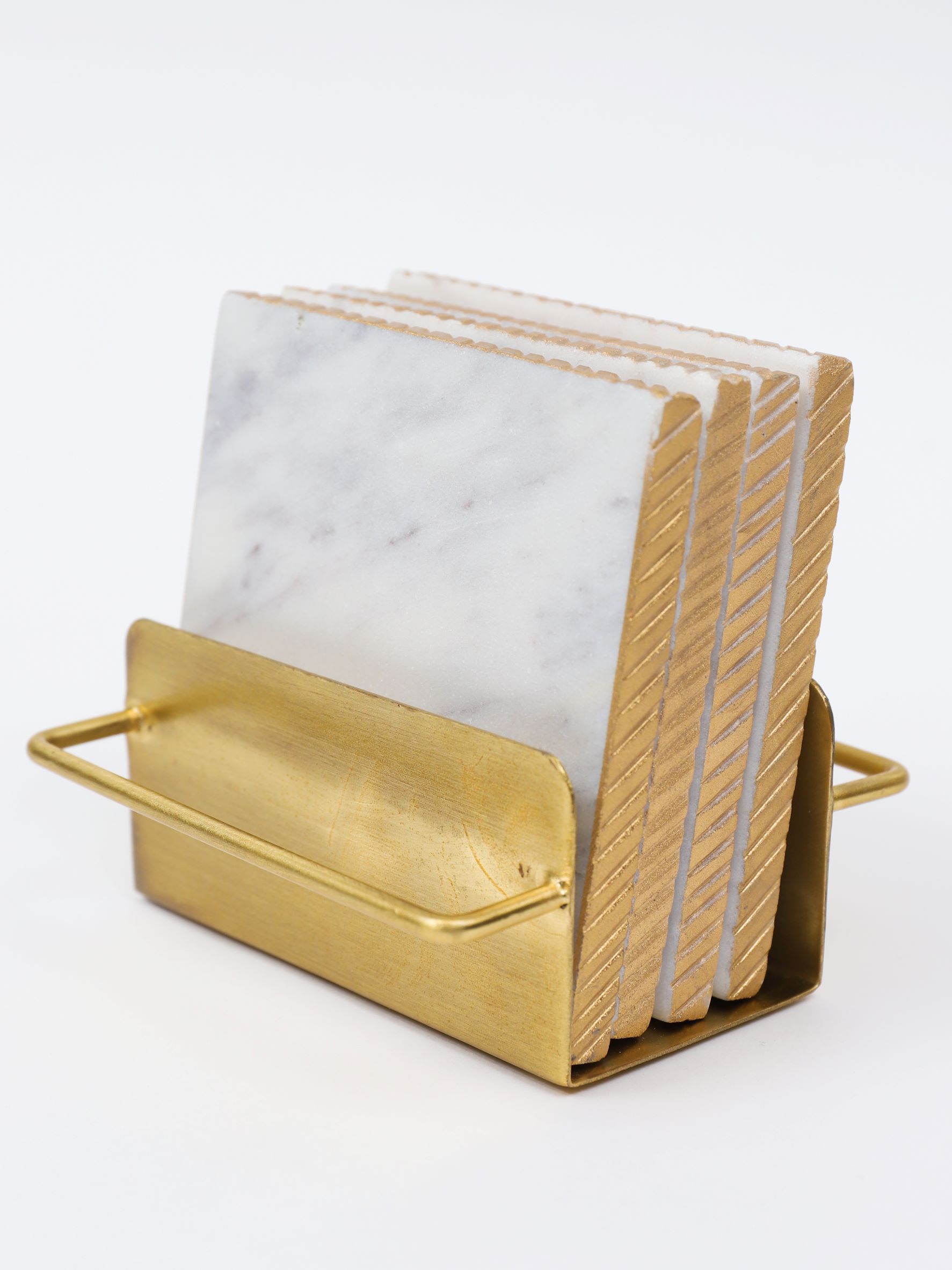 Inspire Me! Home Decor Square Marble Coasters with Gold Edge and Gold Metal Holder