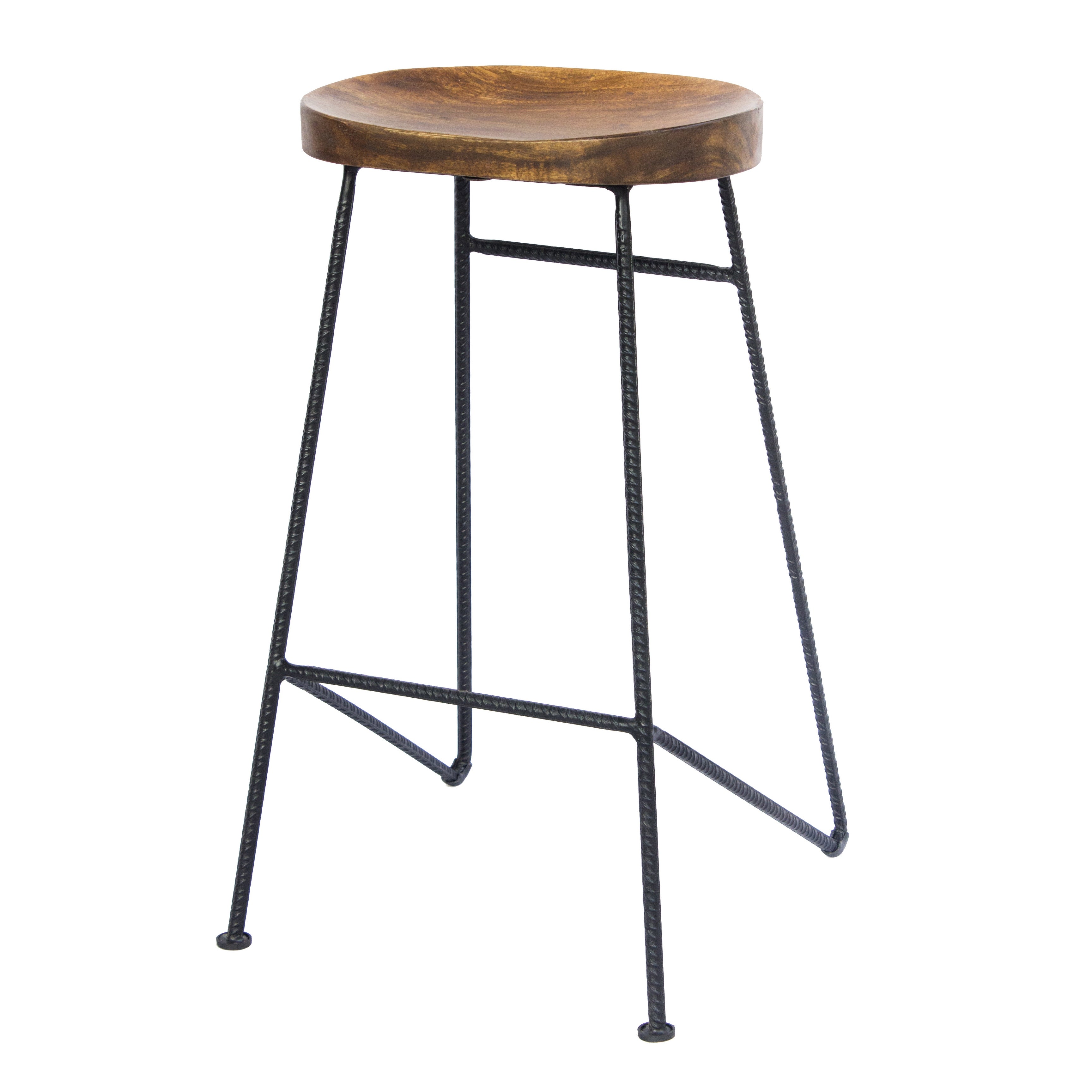 Mango Wood Saddle Seat Bar Stool With Iron Rod Legs， Brown and Black - 28 H x 11 W x 15 L Inches