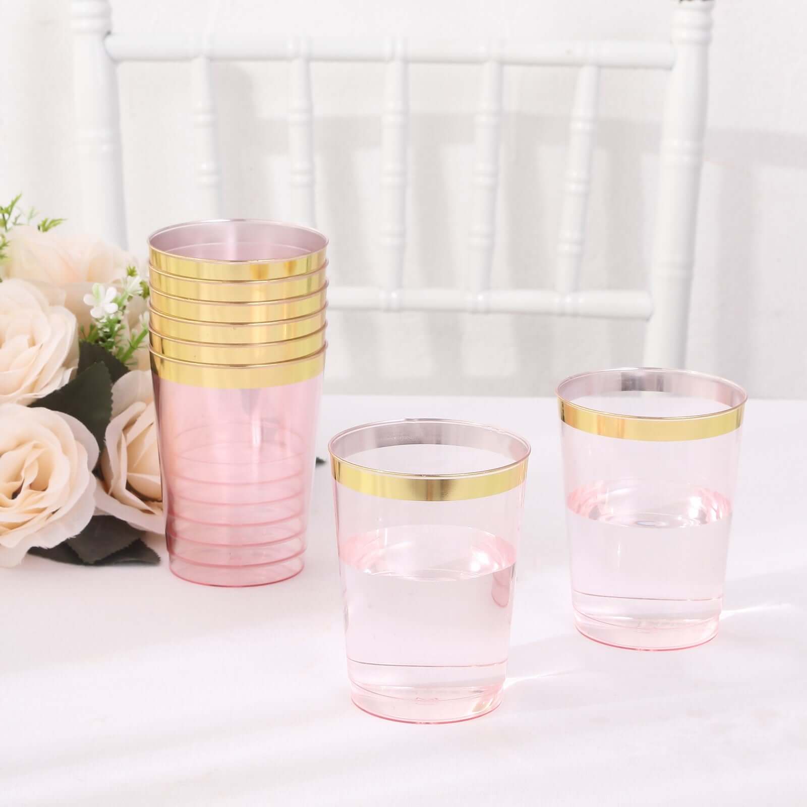 25 Pack Transparent Blush Crystal Plastic Tumbler Drink Glasses With Gold Rim, Disposable Party Cups 10oz