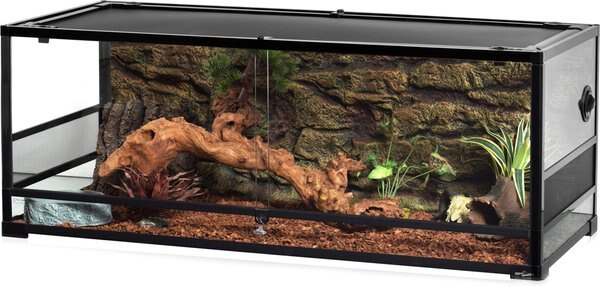 REPTI ZOO Glass Reptile Terrarium Sliding Doors with Screen Ventilation， Black