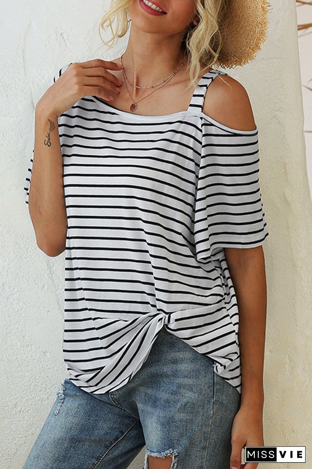 Fashion Street Striped Oblique Collar T-Shirts