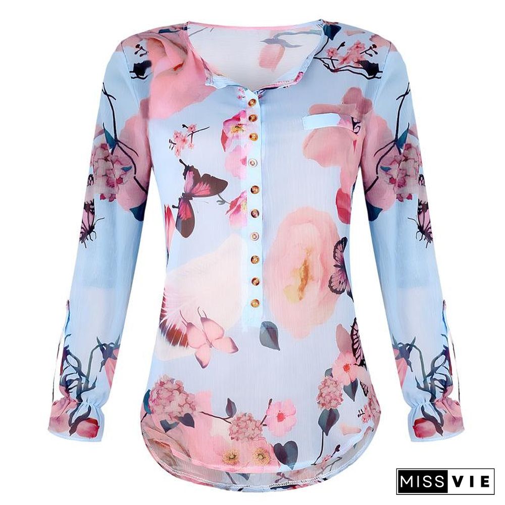 Floral Breeze V-Neck Buttons Long Sleeves Shirt Top