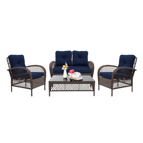 UPHA 4Piece Brown Wicker Patio Conversation Deep Seating Set with Coffee Table and Cushions