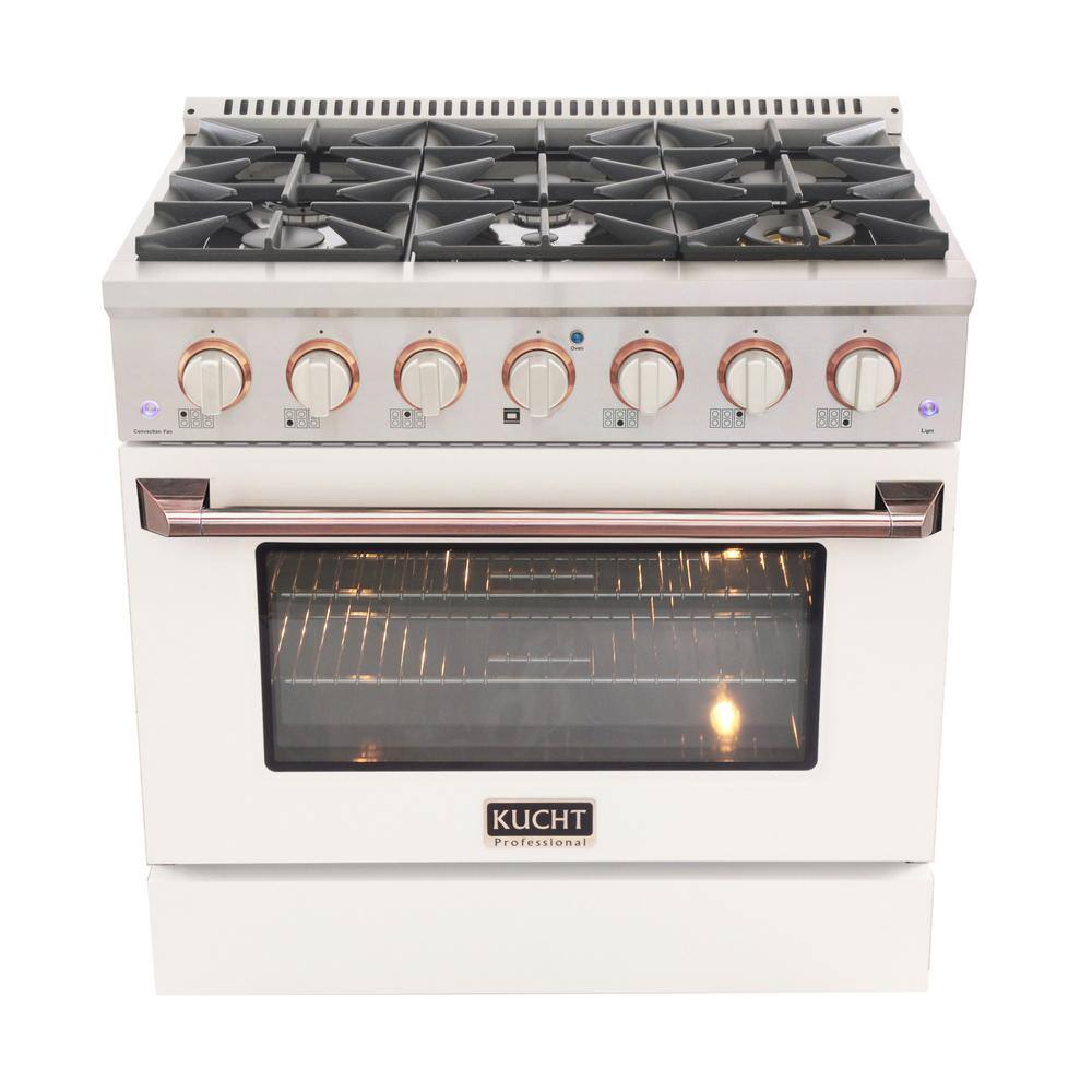 Kucht Custom KNG 36 in. 5.2 cu. ft. Natural Gas Range with Convection Oven in White with White Knobs and Rose Handle KNG361-W-ROSE