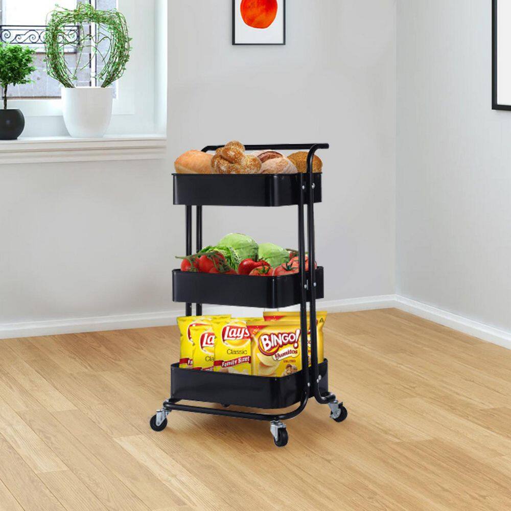 Kahomvis 3-Tier Metal Storage Rolling Utility Cart Heavy Duty Craft Cart with Wheels and Handle in Black Mile-LKD0-4RPY