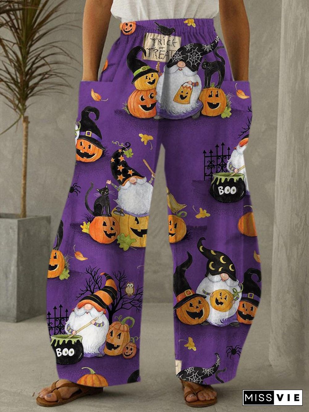 BOO Pumpkin Gnomes Print Casual Pants