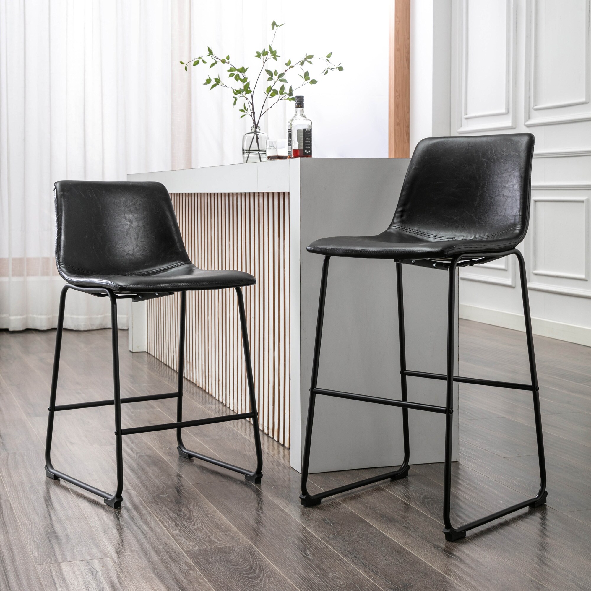 Porthos Home Enva Counter and Bar Stools Set of 2， PU Leather， Iron Sled Legs