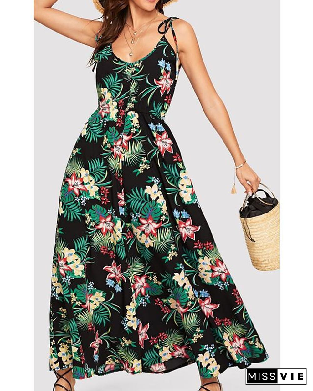 Women's Strap Dress Maxi long Dress Sleeveless Floral Print Spring Summer Casual Green S M L XL Black Dresses