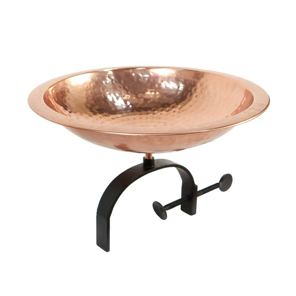 Achla Designs 14.5 in. W Polished Copper Plated Hammered Copper Birdbath with Over Rail Bracket BBHC-01T-OR