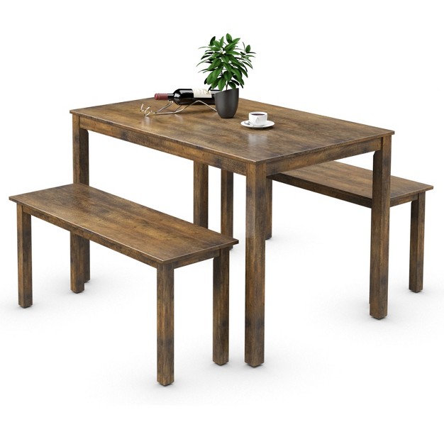 3pcs Dining Set Modern Studio Collection Table With 2 Benches Wood Legs Coffee