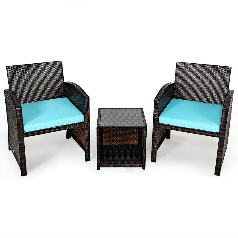 3 Pieces PE Rattan Wicker Furniture Set with Cushion Sofa Coffee Table for Garden