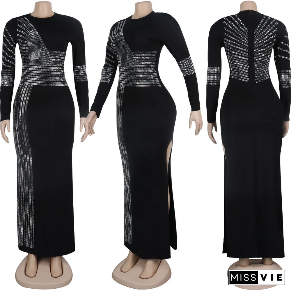 Rhinestone Side Split Long Sleeve O-neck Maxi Dress