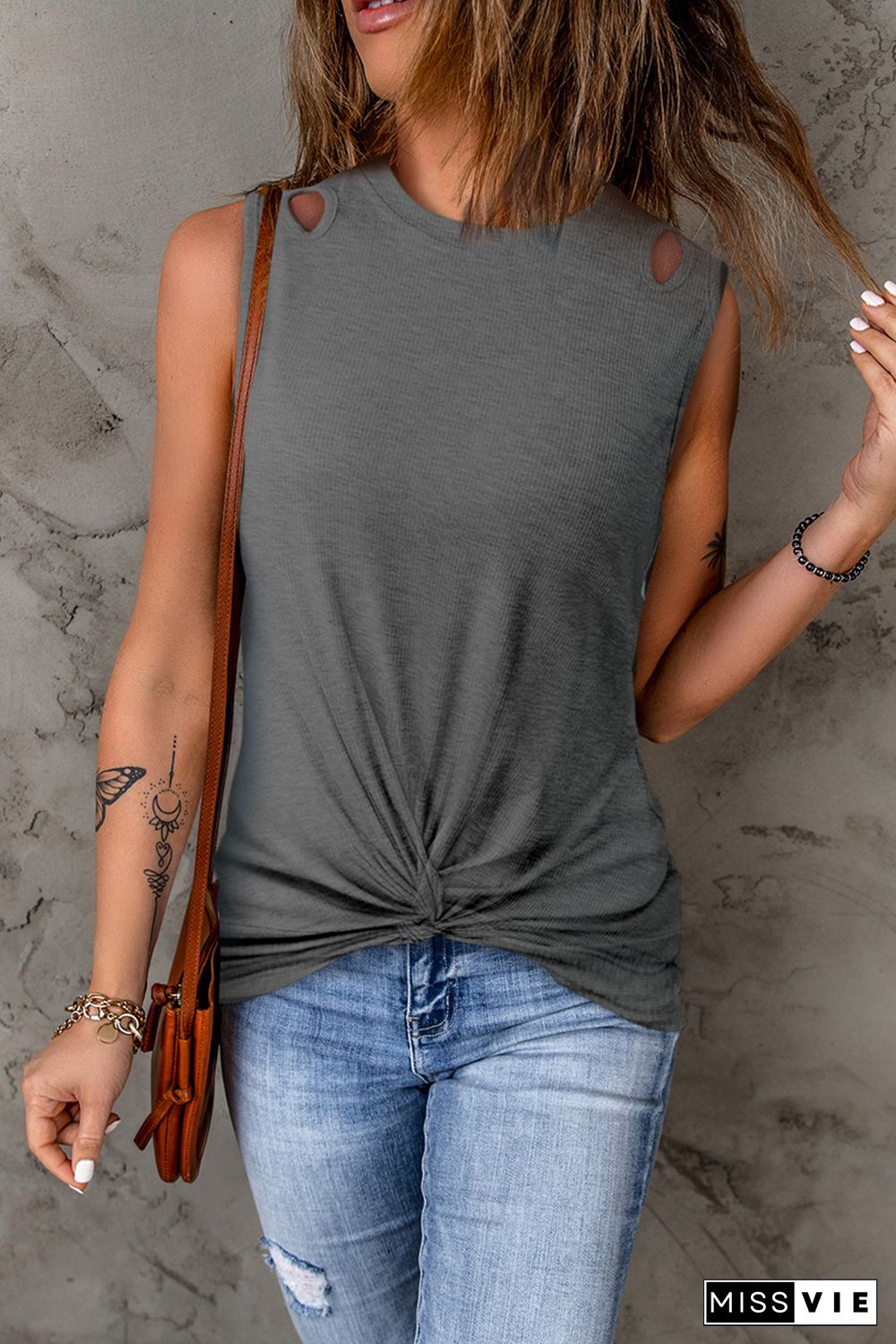 Gray Rib Knit Cut-out Front Twist Tank Top