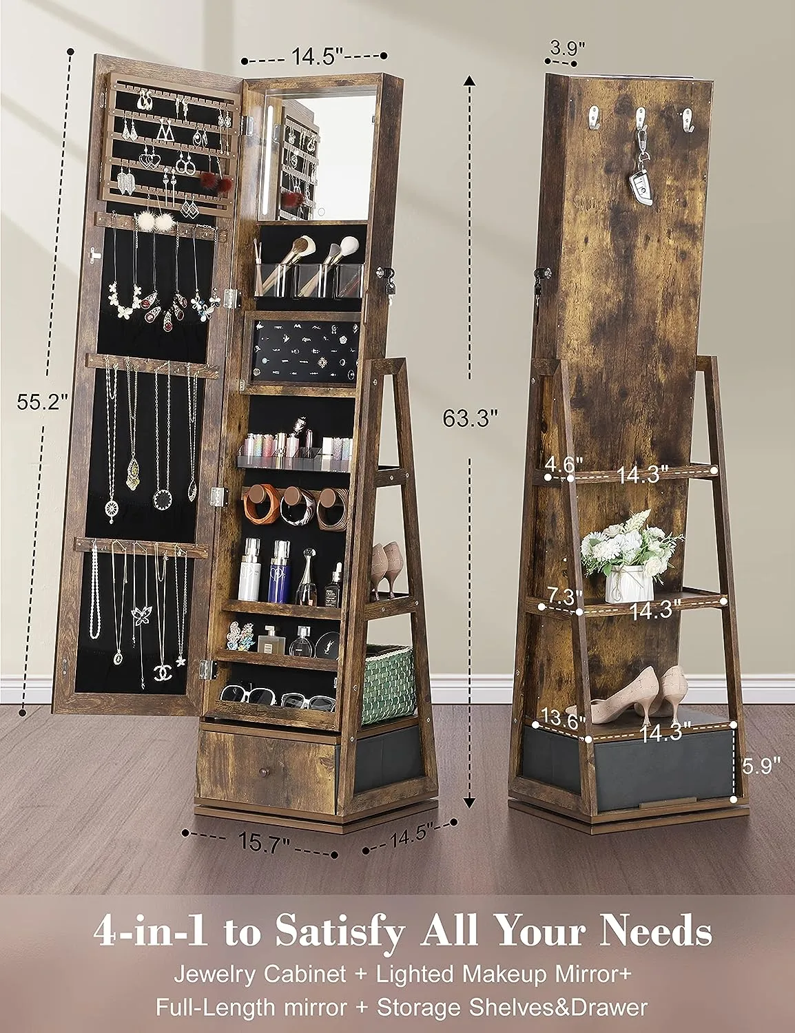 ⭐️360° Swivel Jewelry Cabinet with Lights - 🌟Touch Screen Vanity Mirror 🌟