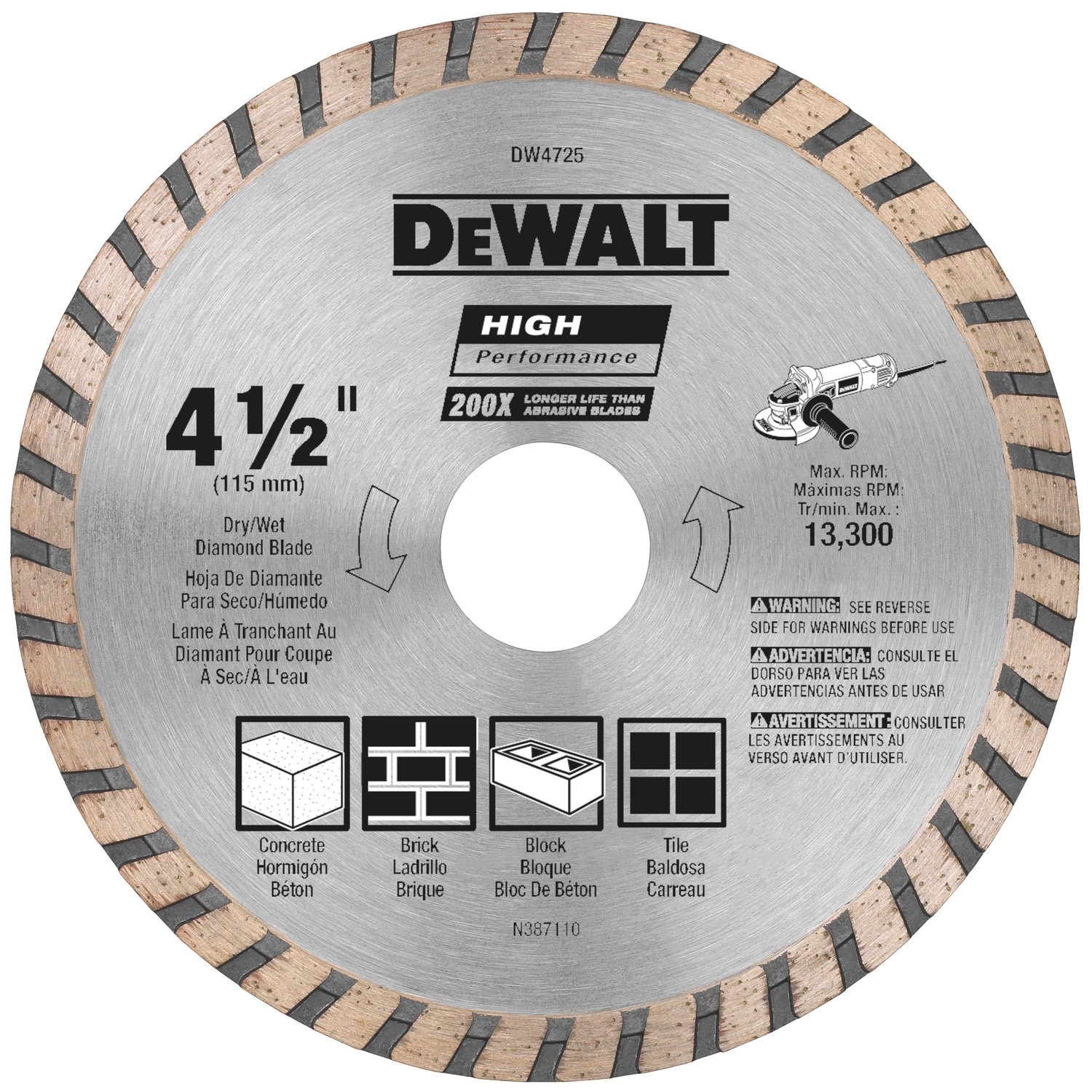 DW High Performance 4-1/2 in. D X 7/8 in. Diamond Turbo Masonry Cut-Off Blade 1 pc