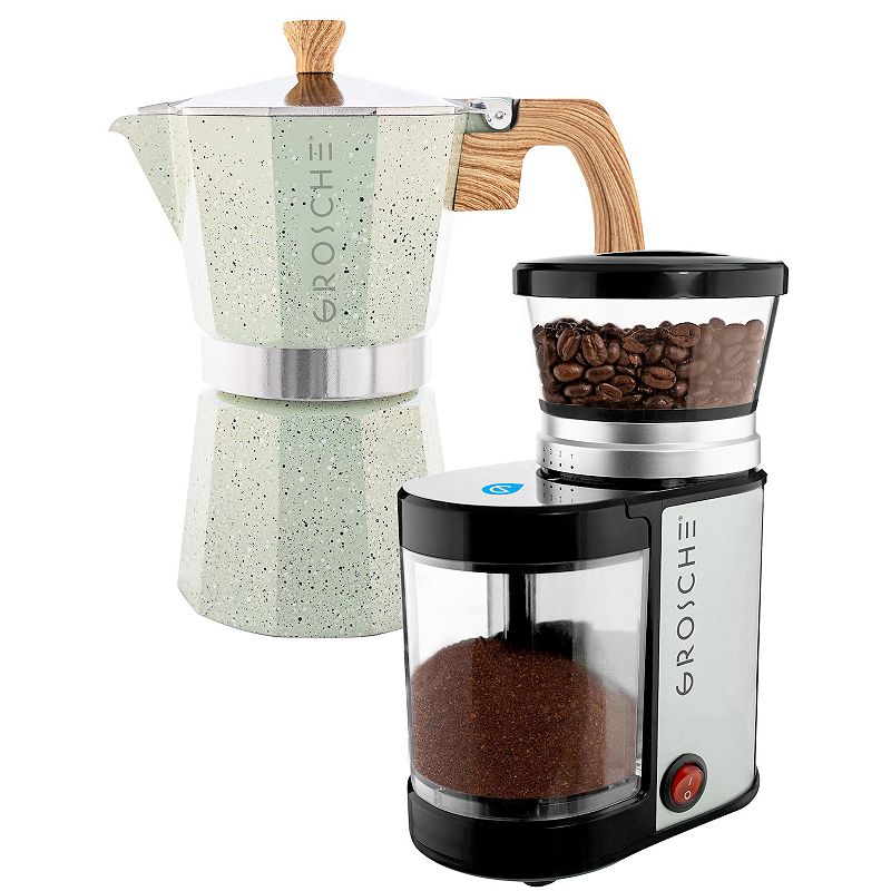 GROSCHE Milano Stone Stovetop Espresso Coffee Maker and Electric Burr Coffee Grinder Bundle