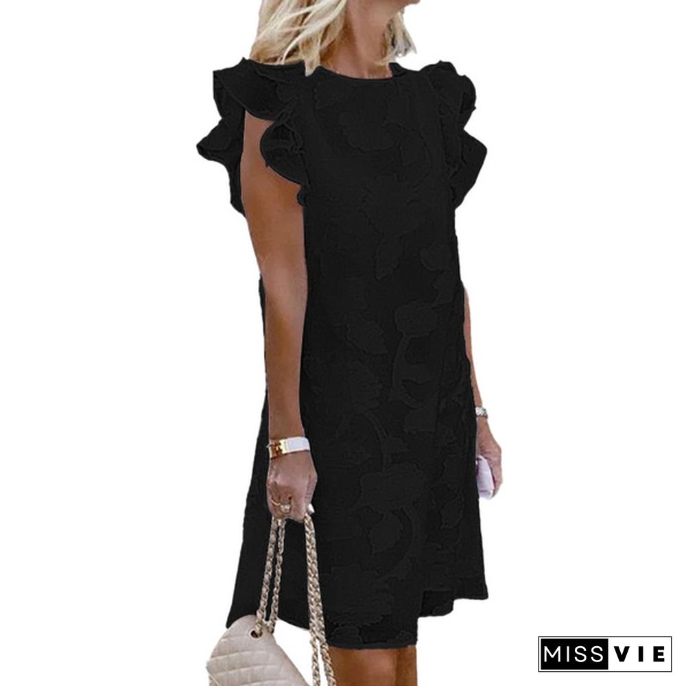 S-5XL Vintage Ladies Holiday Sleeveless Party Lace Patchwork Ruffle Mini Shirt Dress Sundress
