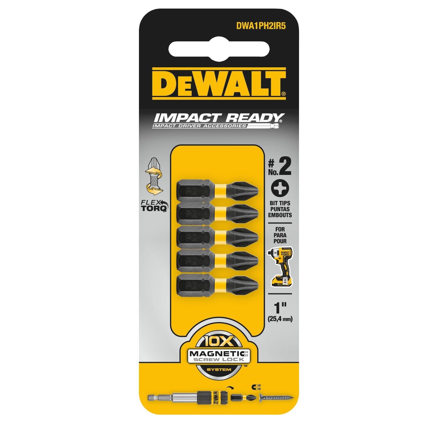 DW Impact Ready Phillips #2 X 1 in. L Screwdriver Bit Steel 5 pc