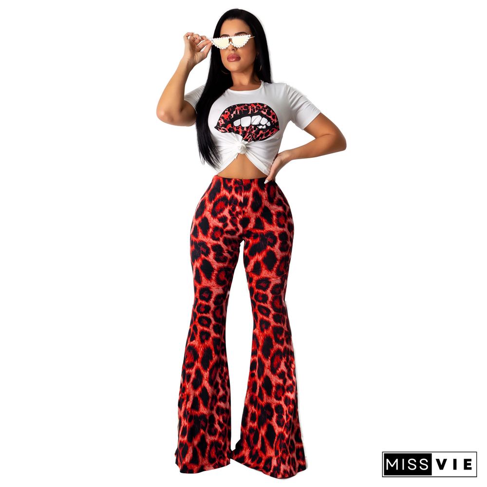 Women Casual Lip Print O-Neck Short Sleeve T-shirts High Waist Leopard Flared Long Pants 2 Piece Set