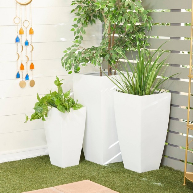 Wide 3pc Modern Square Metal Planter Pots White