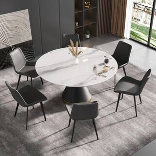 JE Home 59.05 in. White Modern Round Sintered Stone Dining Table with Carbon Stainless Steel Base (Seats 8) PVS-DT0141DW120