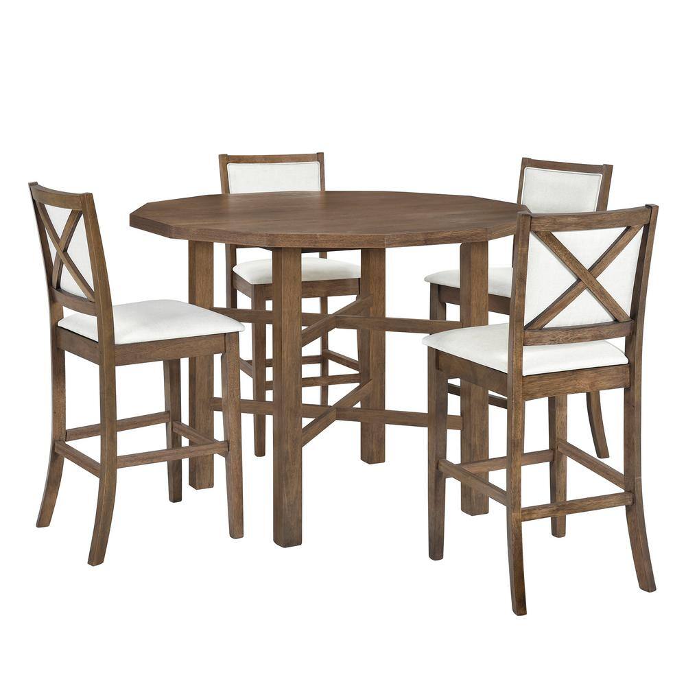 Harper  Bright Designs 5-piece Brown Irregular Round MDF Top Dining Table Set Seats 4 with 4 High-back Cushioned Chairs DT143AAD