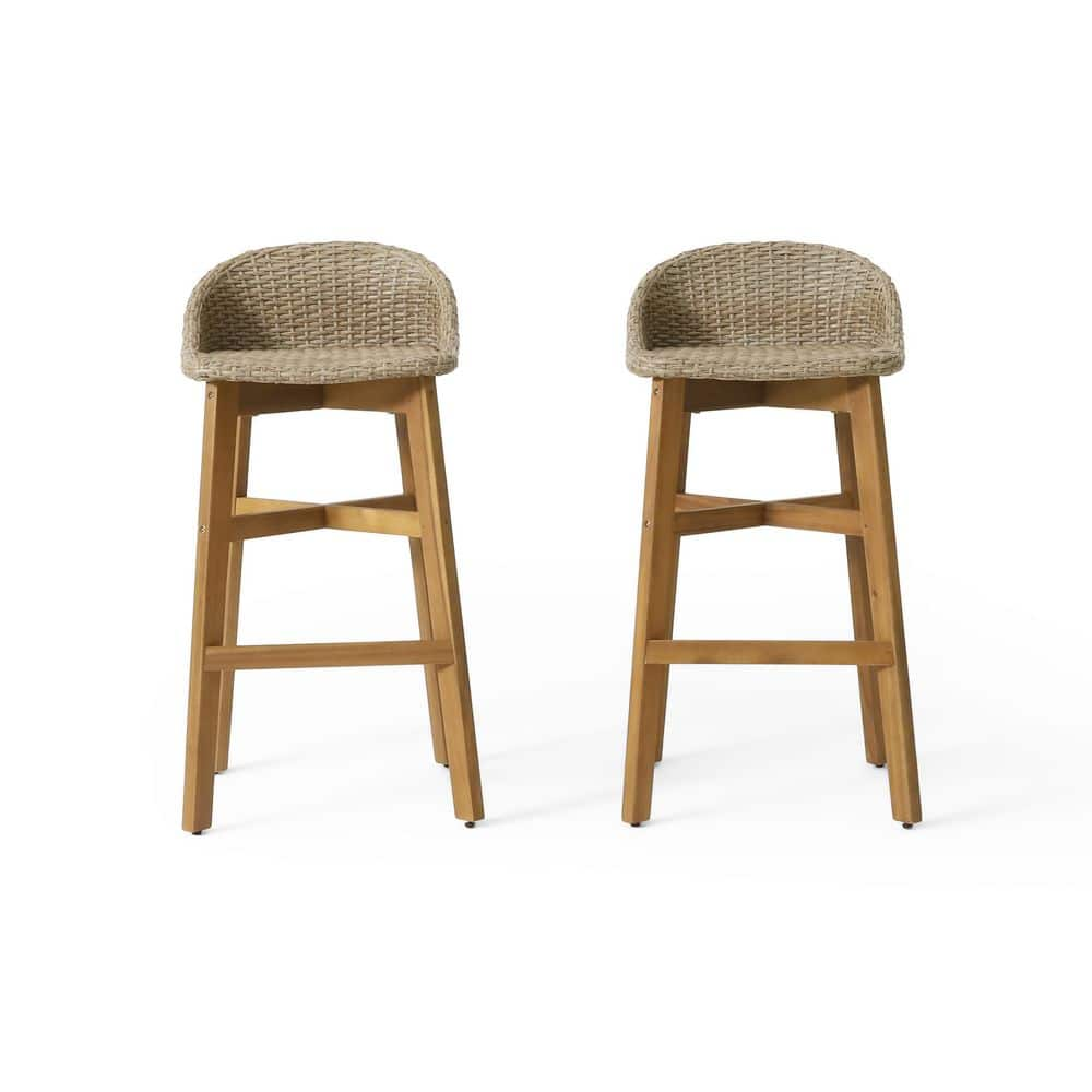 Noble House Borah Wood and Wicker Outdoor Bar Stool (2-Pack) 109362