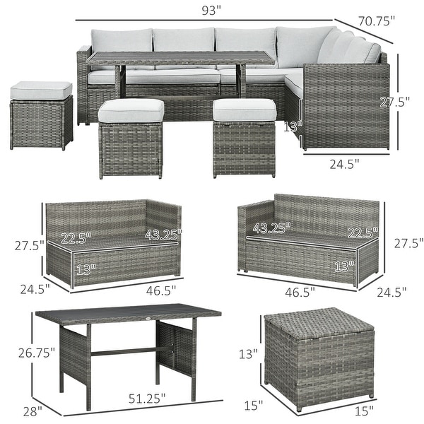 Outsunny 7 PCs Patio Wicker Furniture Set，Outdoor Sectional Furniture Conversation Sofa Set with Wood Grain Plastic Top Table