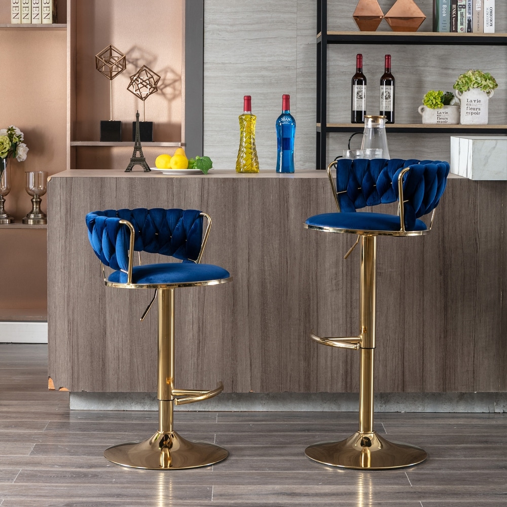 Modern Retro Height Adjustable Counter Chair Swivel Bar Stools Set of 2 with Velvet Woven Backrest Handrail and Footrest