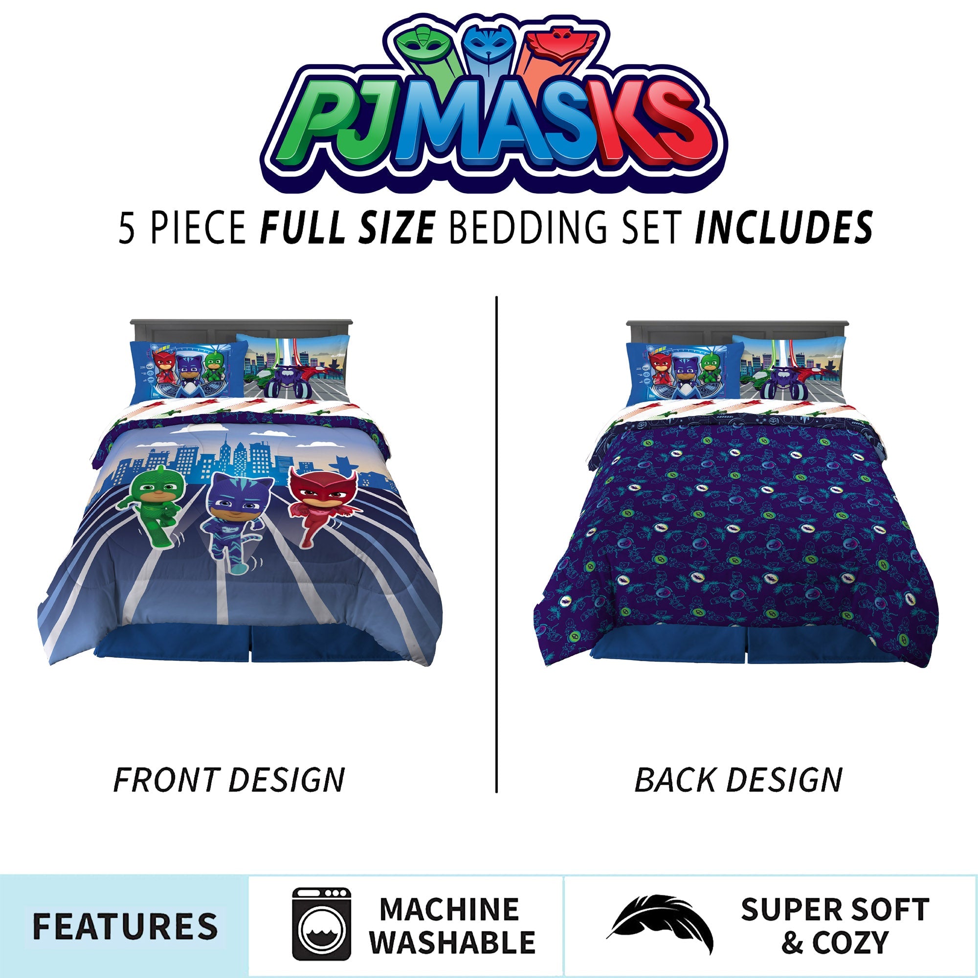 PJ Masks Kids Full Bed in a Bag, Comforter and Sheets, Blue, Hasbro