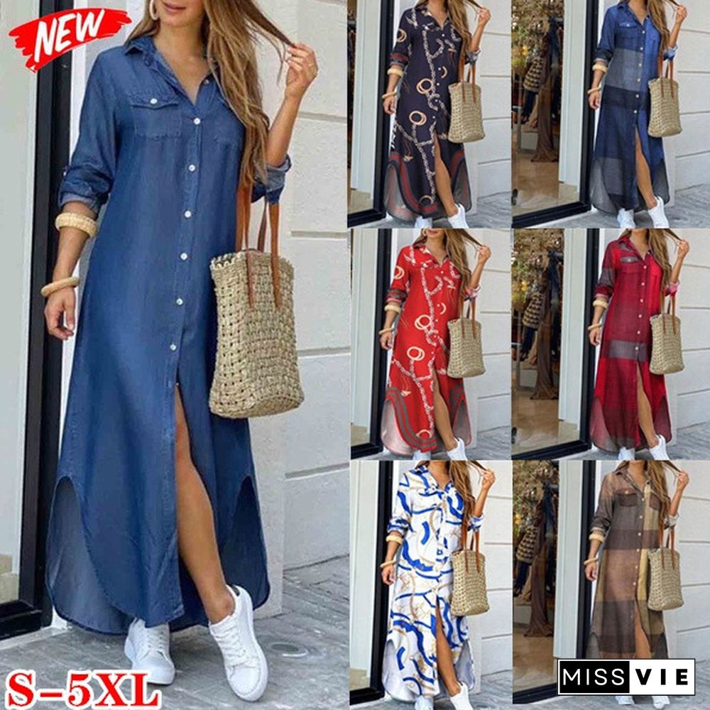 Fashion Women Summer Autumn Long Sleeve Turn-Down Collar Shirt Dresses Ladies Loose Printed Long Dresses Party Dresses